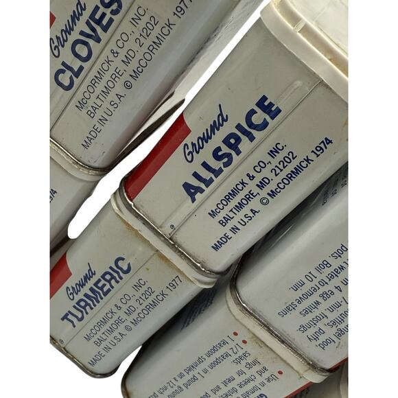 Vintage 1970s McCormick Spice Tins 8 Oregano Turmeric Cloves Allspice Thyme Sage - Picture 9 of 11